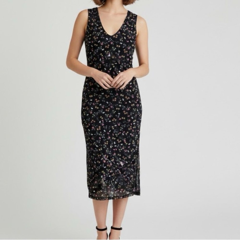 AFRM Black Stretch Mesh Floral Midi Dress Medium